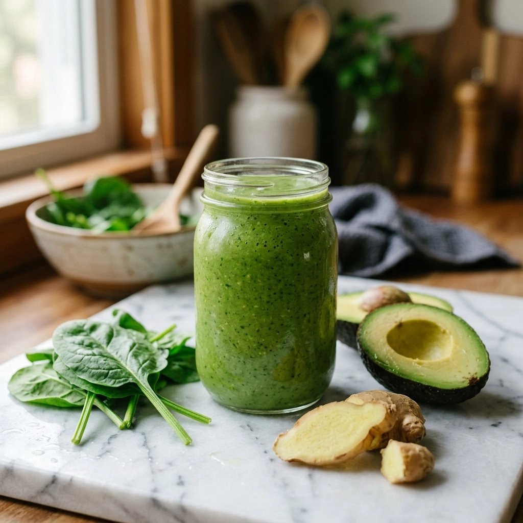 A vibrant green smoothie with fresh ginger and avocado
