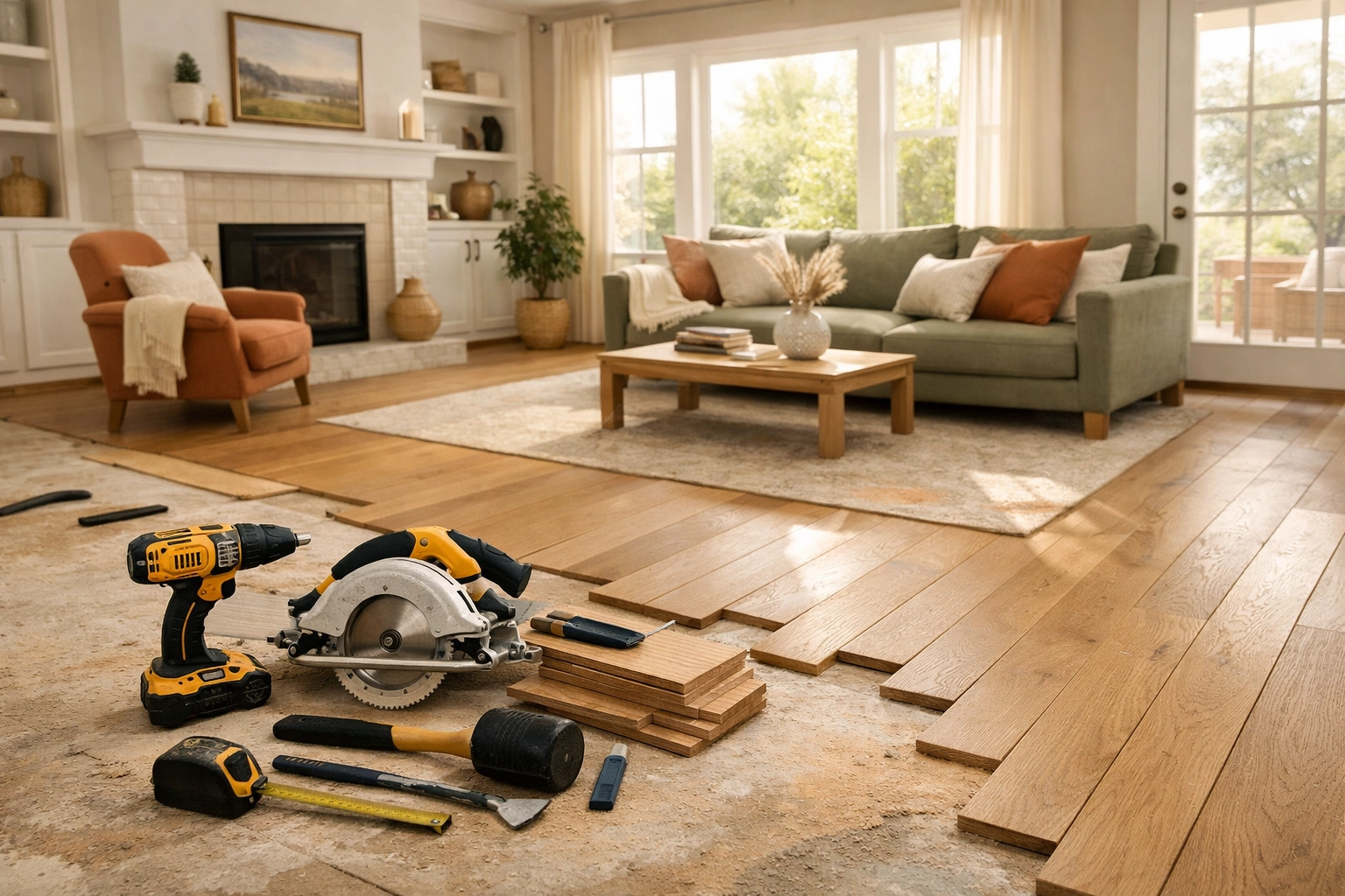 Modern transitional living room renovation in Orlando featuring white oak floors and warm earthy tones