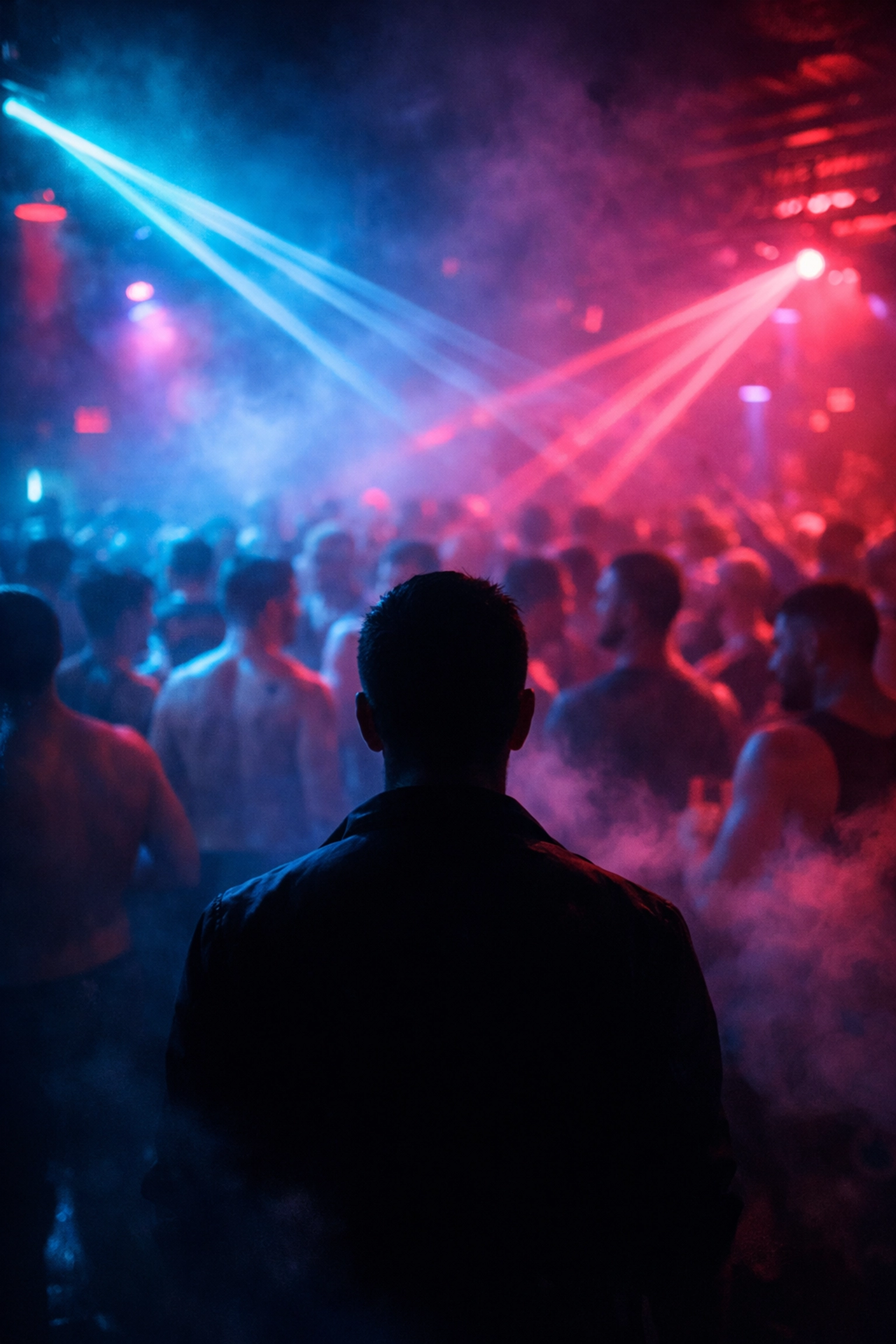 Gay cruising bar interior with neon lights and crowded dance floor at night