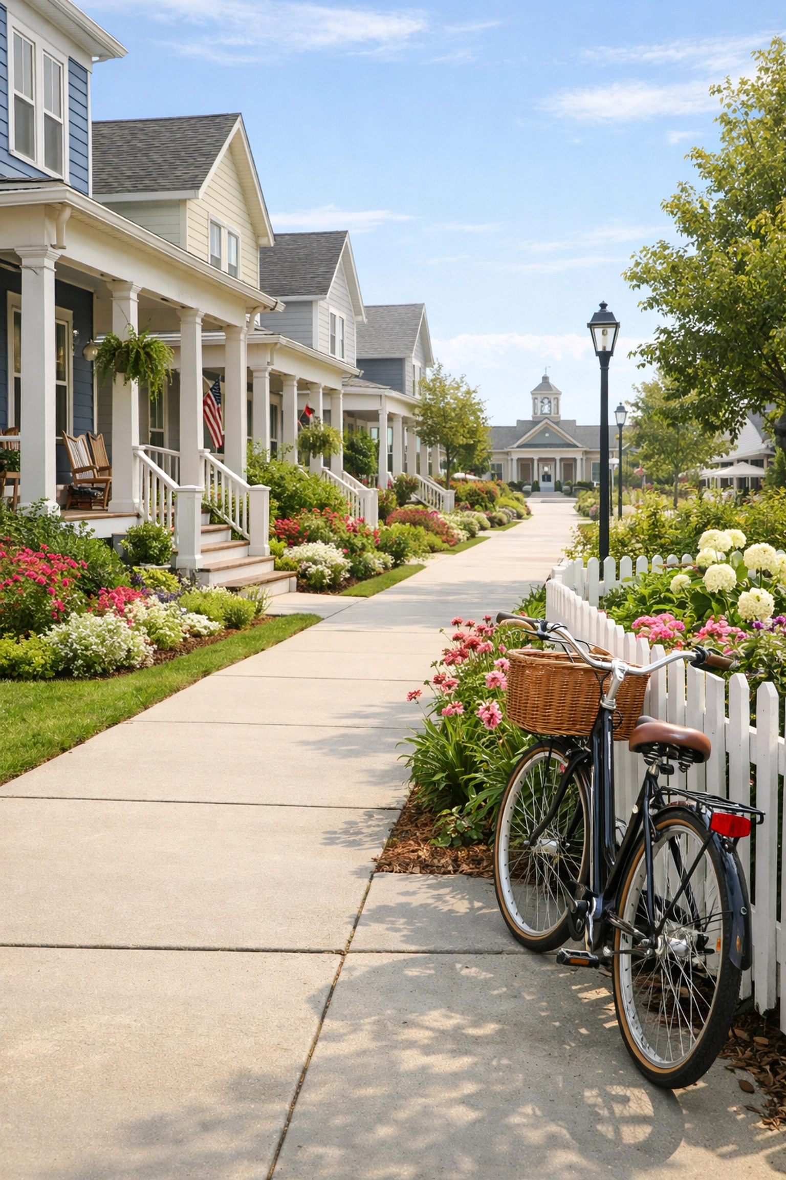 Walkable residential street in a New Urbanism community with front porches and sidewalks.