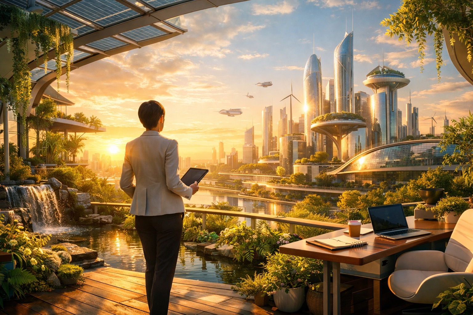 A professional in a green modern workspace looking at a skyline, signifying long-term tech career success.