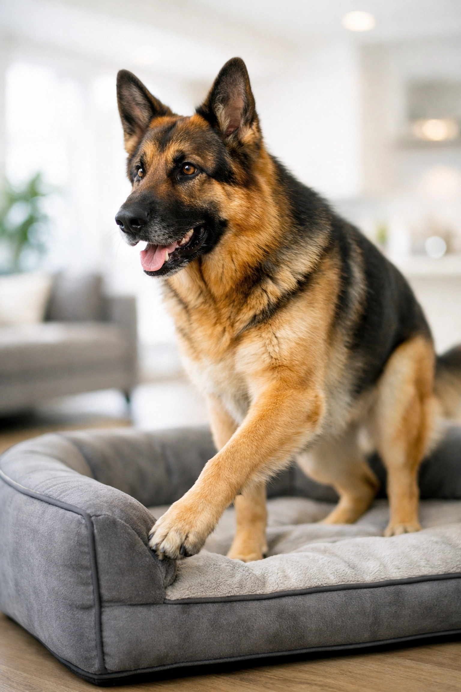 Healthy German Shepherd standing up easily from a BuddyRest bed showing improved mobility and joint health.
