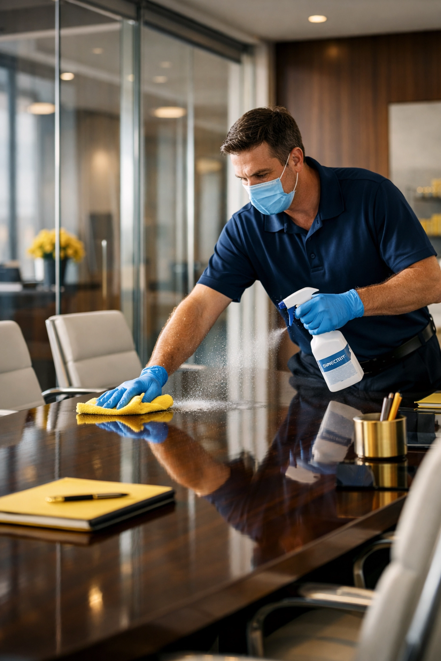 Professional cleaning expert sanitizing a glass conference room for commercial cleaning in Bedford.