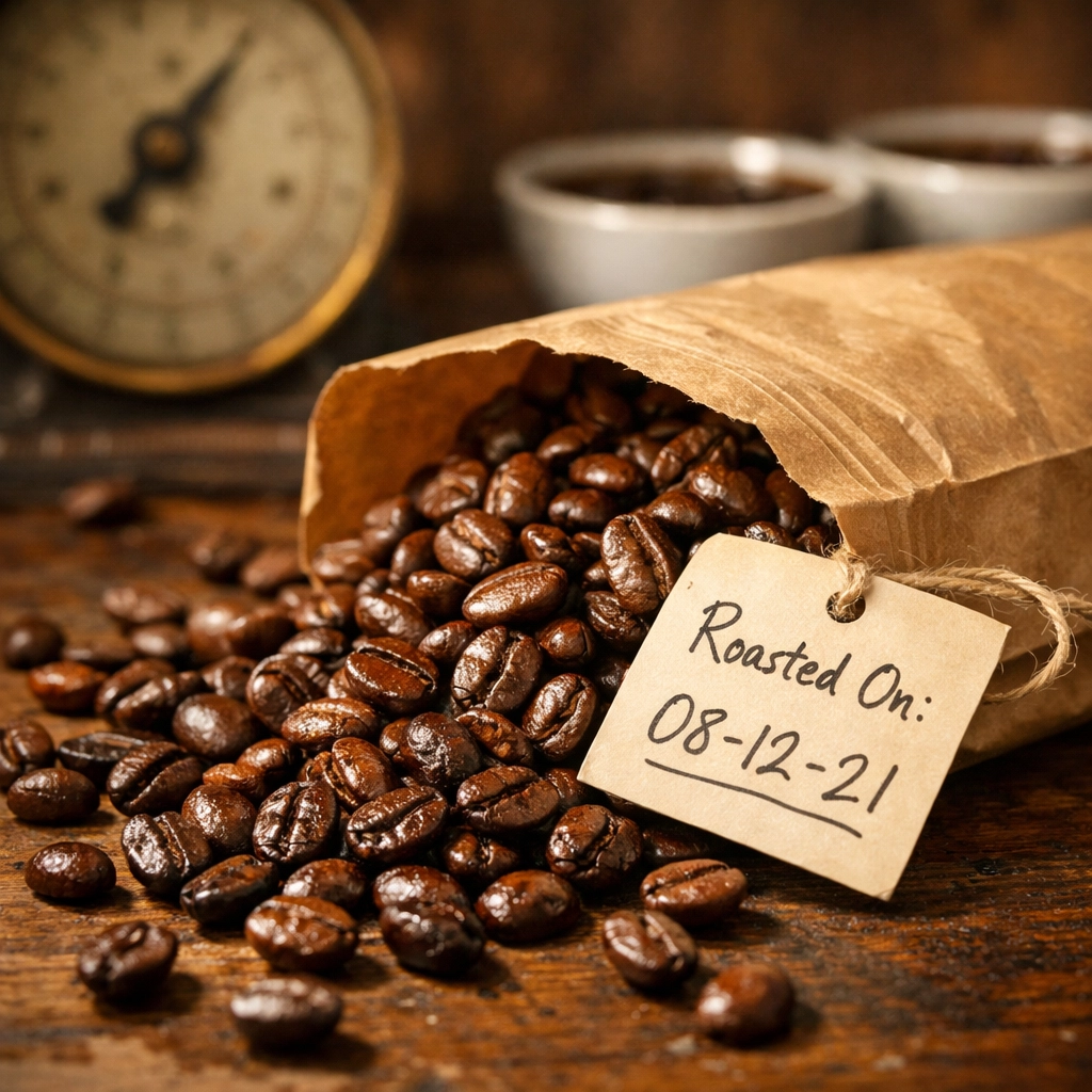 Fresh roasted coffee beans with roast date tag showing specialty coffee freshness