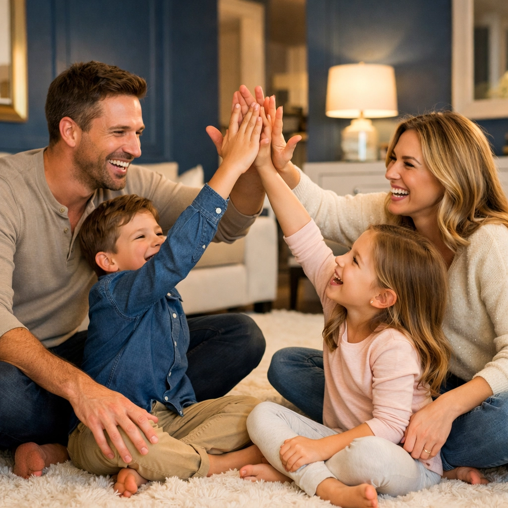 Happy family celebrating teamwork and a clean home with high-fives in the living room.
