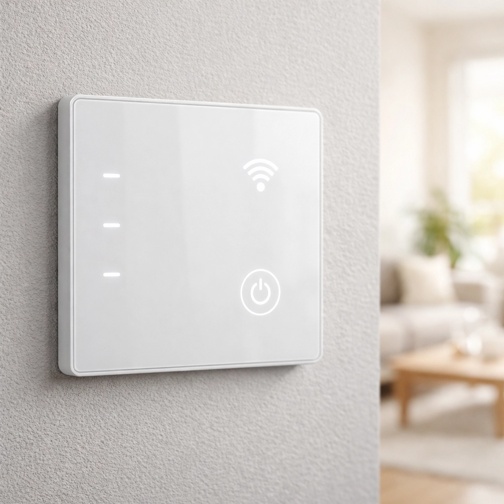 Minimalist smart home lighting controller plate installed on a modern wall.