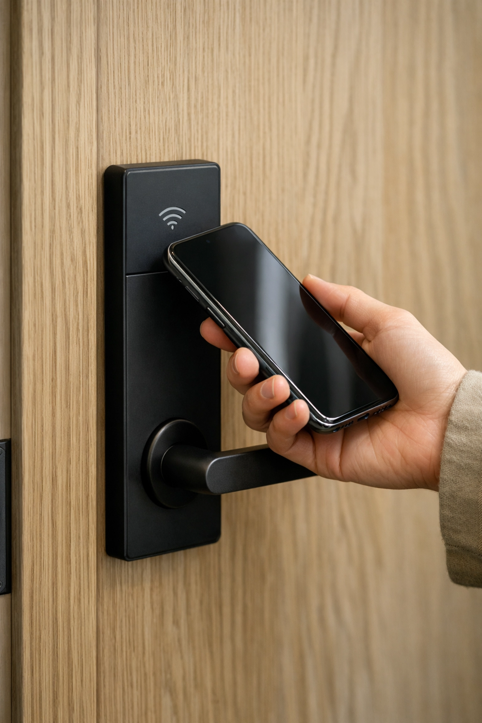 Modern hotel guest using mobile key technology for a contactless and automated check-in experience.