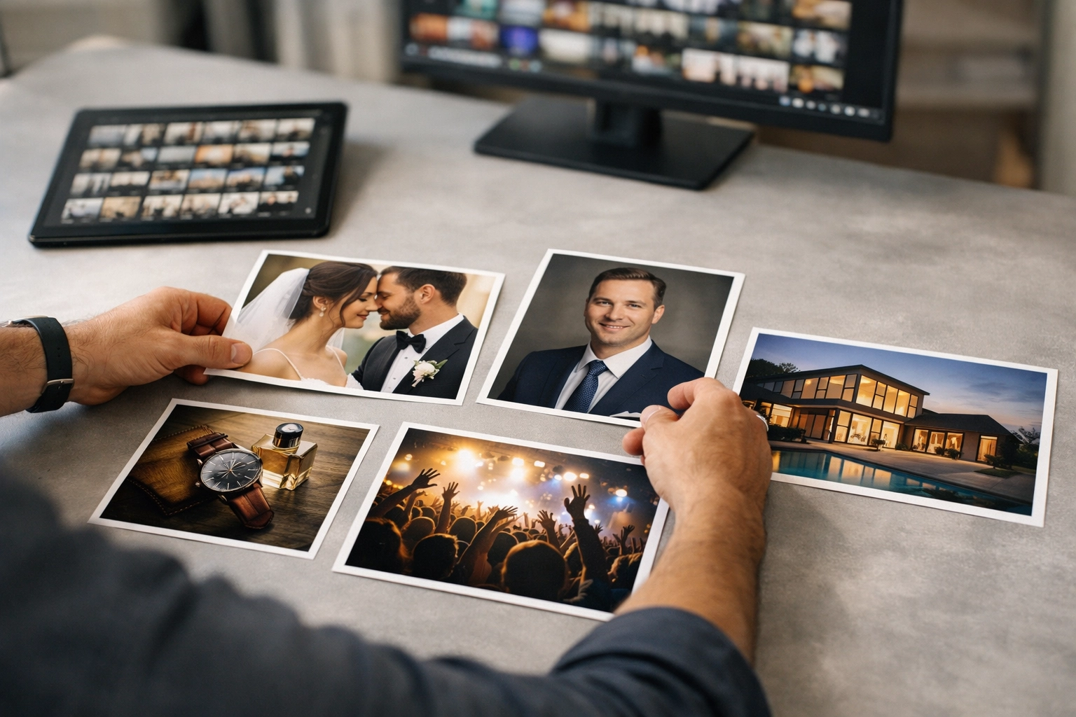 Photographer organizing a professional portfolio with printed photos and a tablet to attract clients.