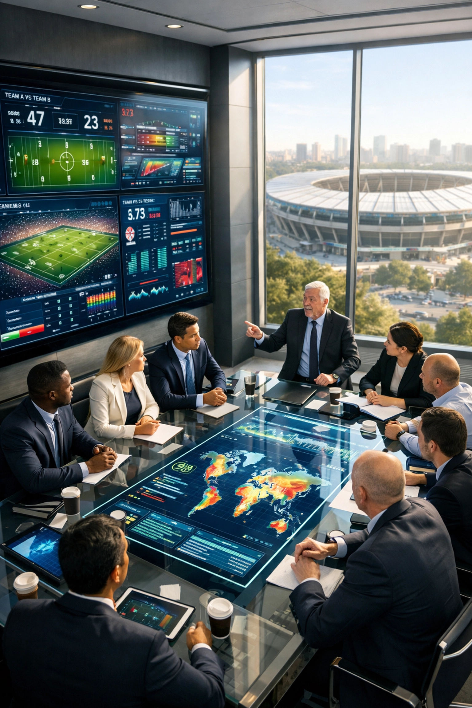 Corporate executives in a high-tech war room analyzing Super Bowl brand visibility and marketing data.