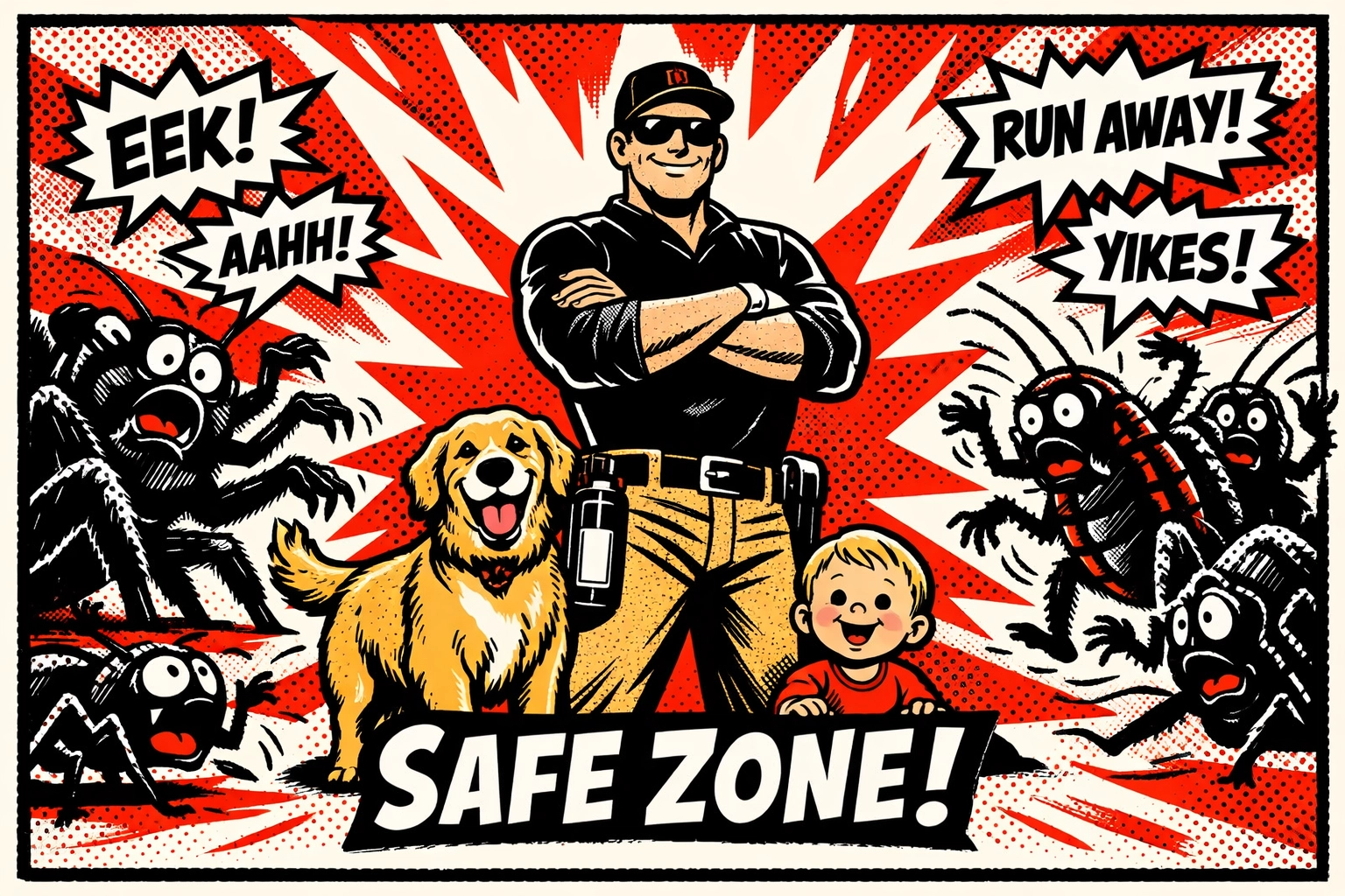 Best pest control in Birmingham AL hero protecting a toddler and dog from household pests and spiders.