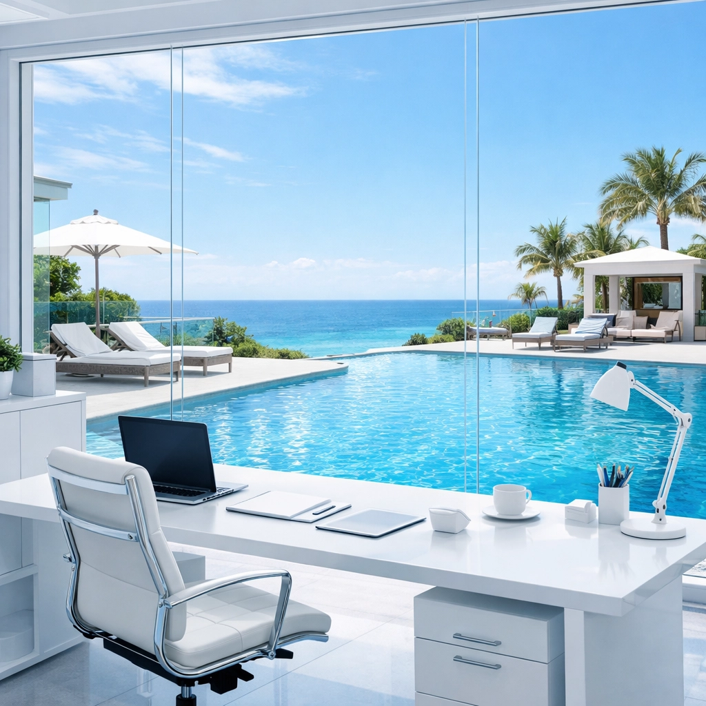 Modern office interior overlooking a swimming pool, representing a successful exit with a pool route broker.