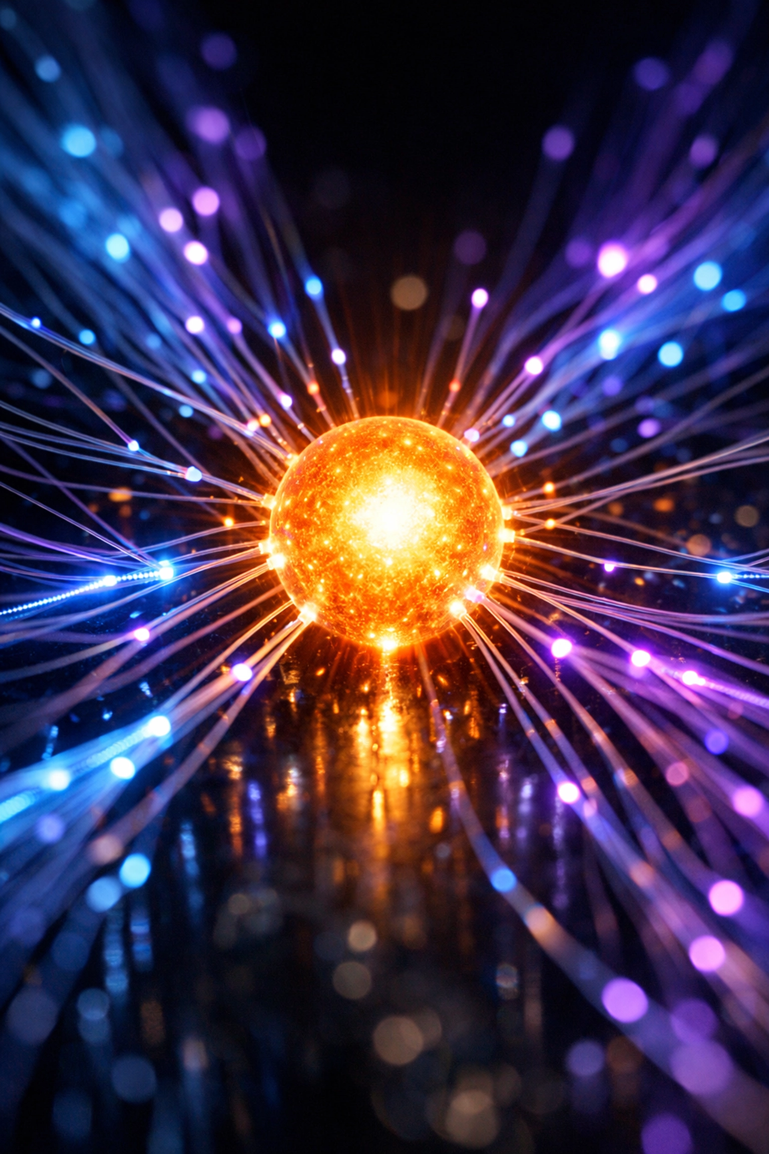 Glowing network fibers converging into a brand core, representing digital citations and mentions for AI discovery.