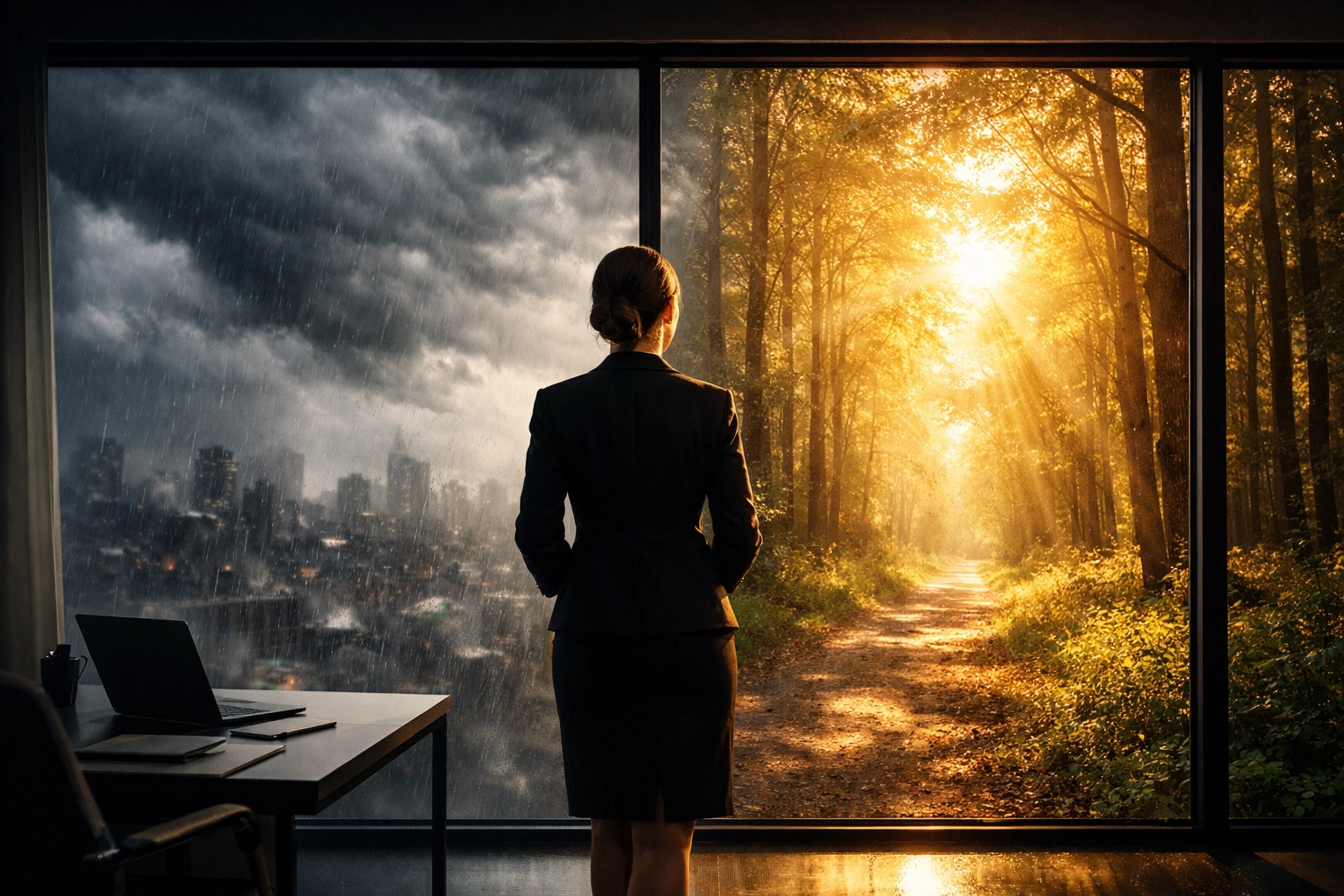 Professional seeking clarity and peace in an office setting amidst a stressful corporate takeover transition.