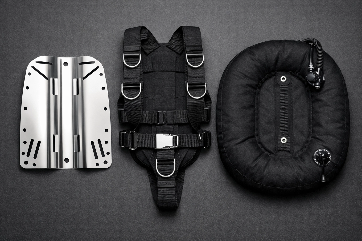 Komponenten eines Backplate & Wing Systems: Edelstahl-Backplate, Harness und Blase.