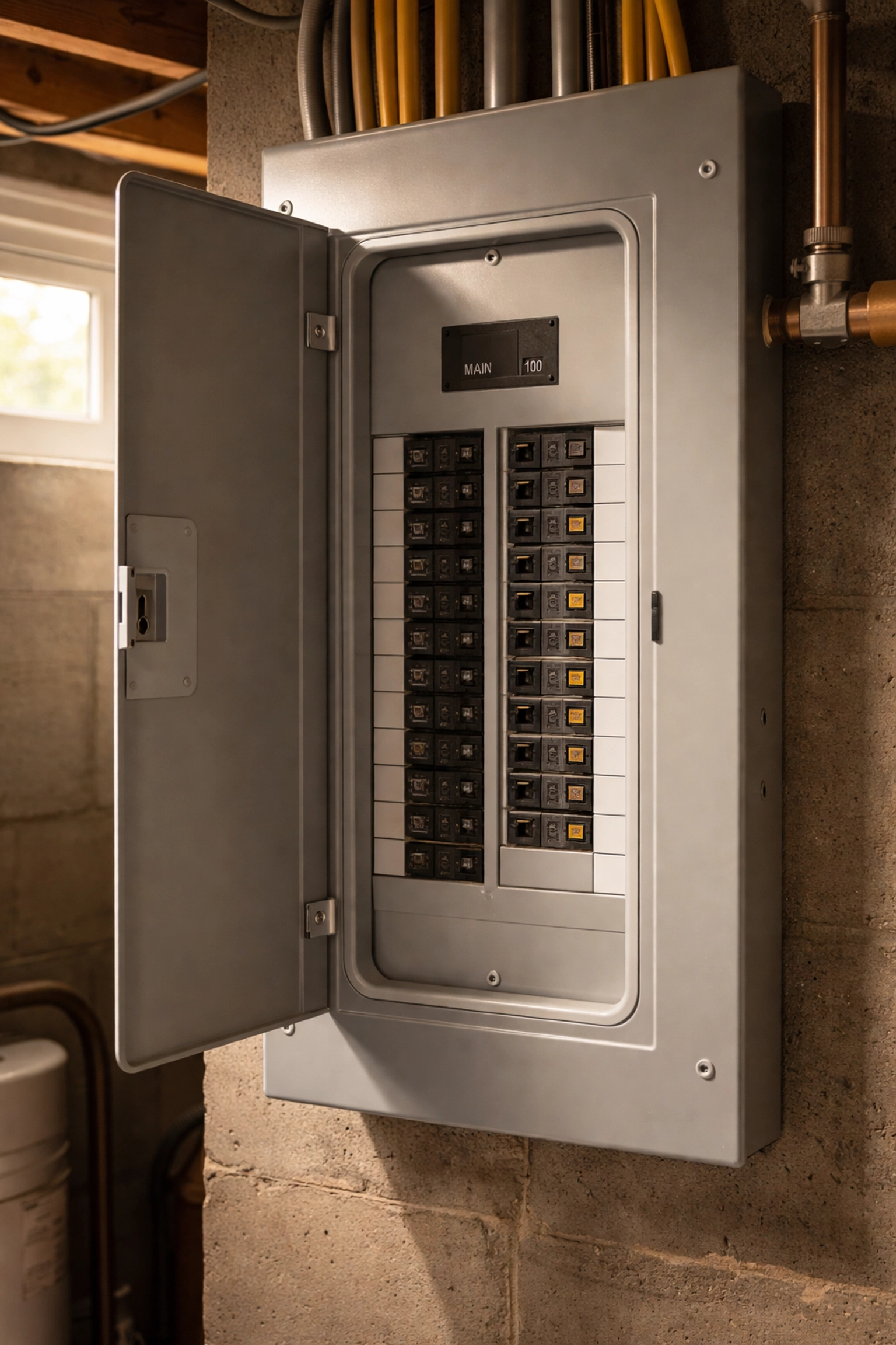 Open residential electrical panel in Howell MI showing circuit breakers, highlighting fire safety checks