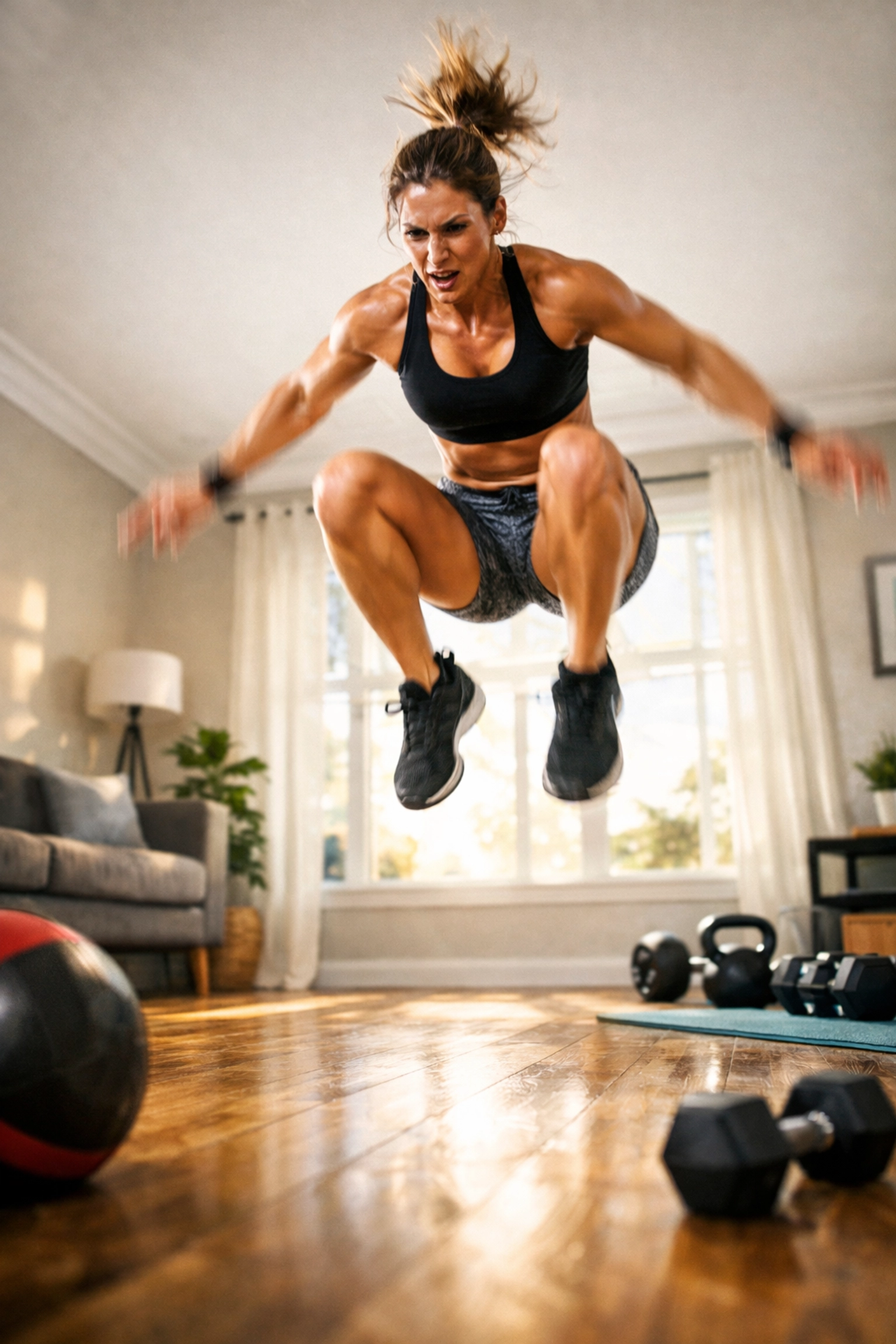 Woman performing explosive burpee in home gym for full body bodyweight conditioning