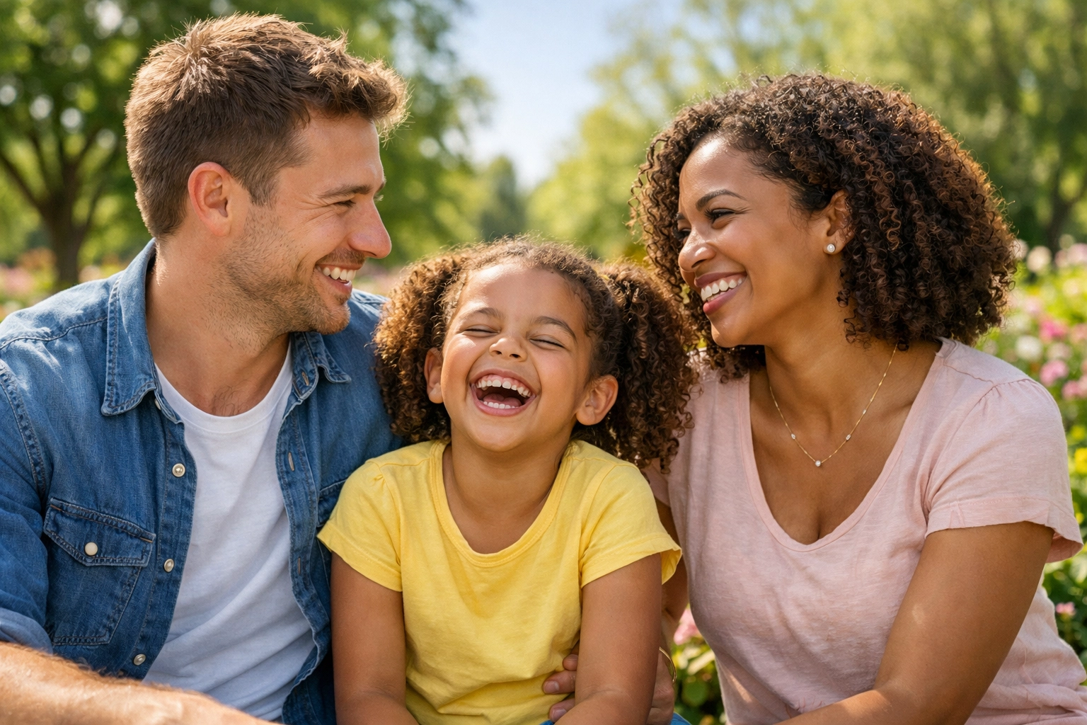 A diverse family reunited and smiling in a sunlit park thanks to an I-601A provisional waiver.