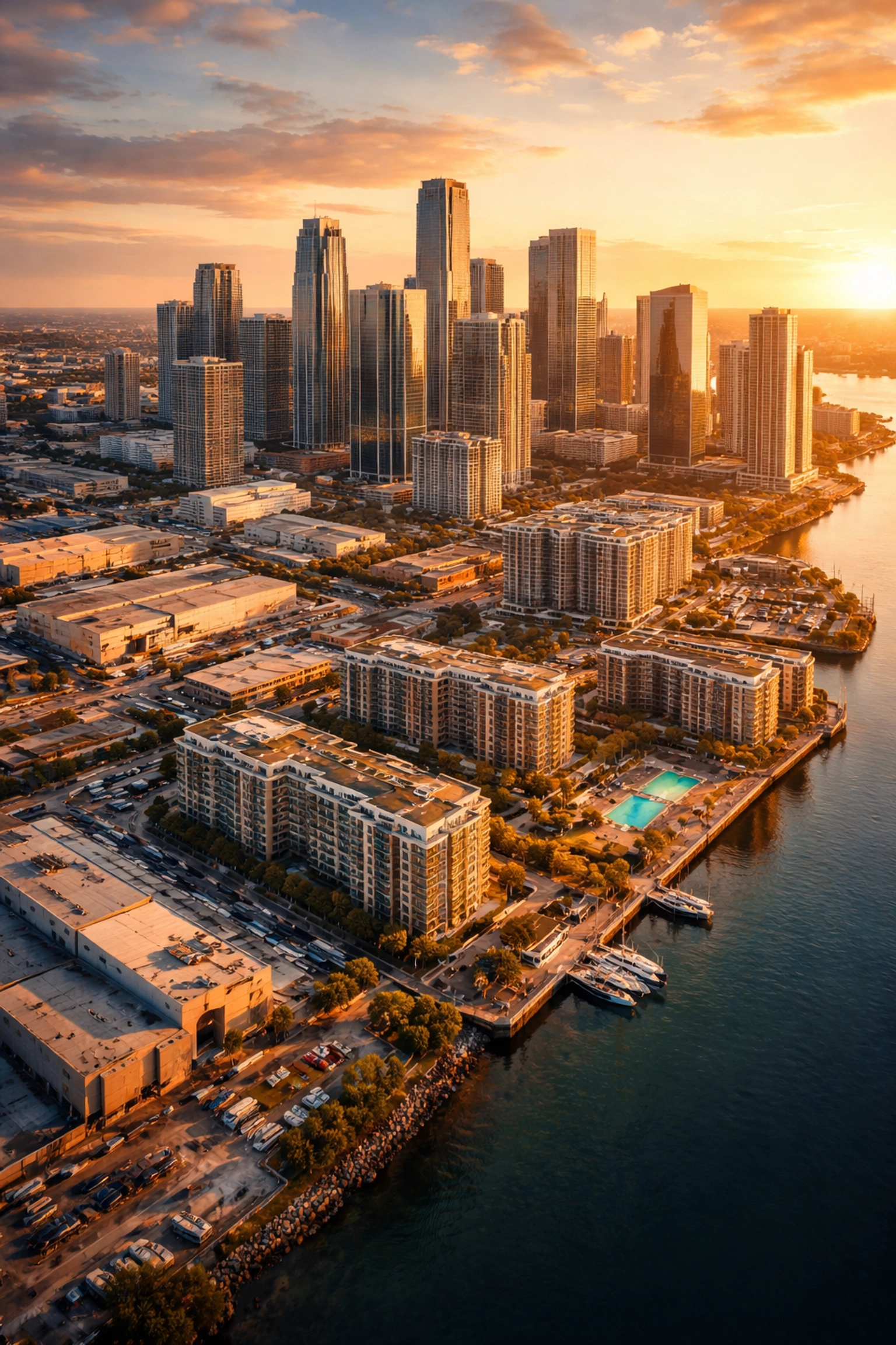 Aerial view of a diverse cityscape representing various real estate investments, highlighting portfolio stability and income diversity for accredited investors.