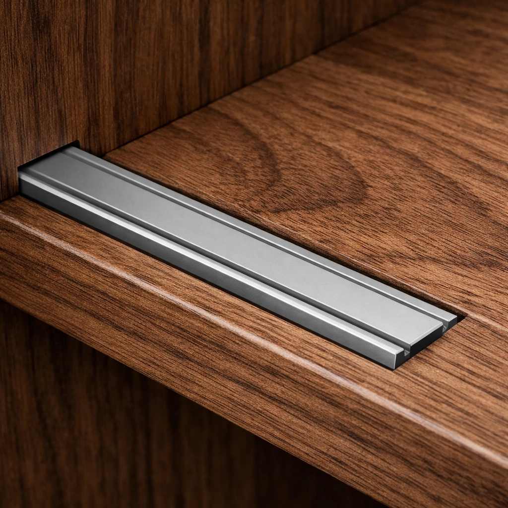 A precision-recessed aluminum led channel flush-mounted within custom walnut cabinetry for a minimalist look.