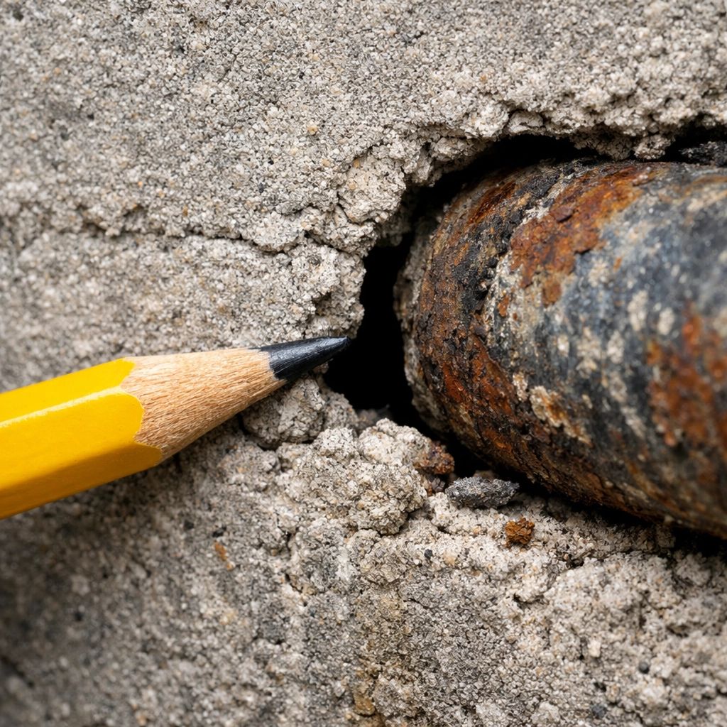 Close-up of a small gap in a foundation, a common entry point for house mice in Westchester.