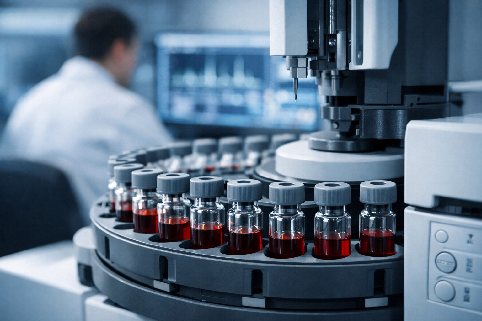 Forensic laboratory gas chromatography machine analyzing blood samples for Texas DWI cases.