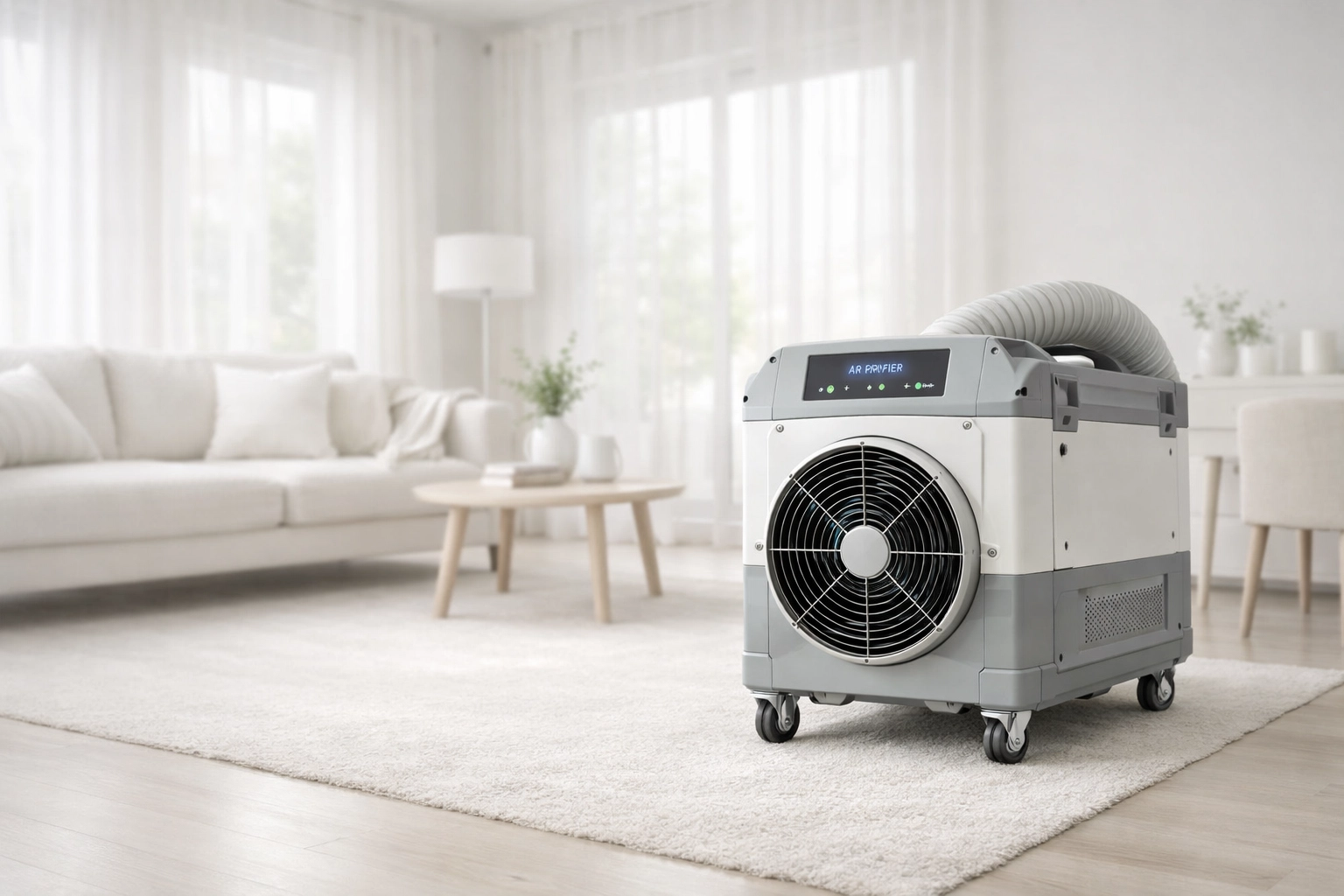 Professional air scrubber removing smoke odors during fire damage restoration in Venice FL.