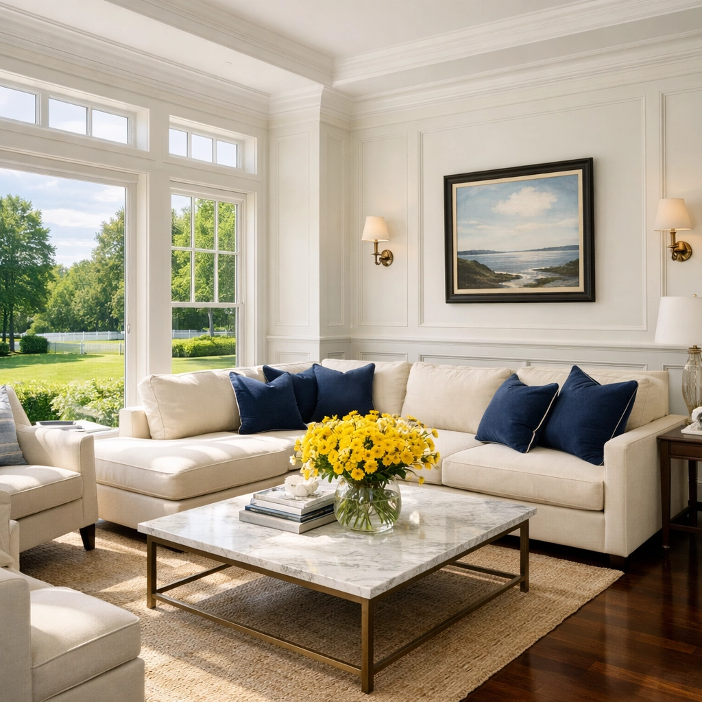 Immaculate high-end living room in a Foxborough colonial home cleaned by professionals.