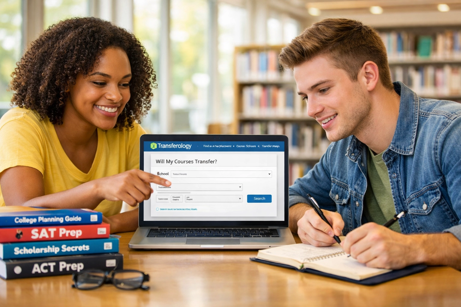 Students using Transferology to verify CLEP credit policies at library (1x1, center safe zone) (1x1, center safe zone)