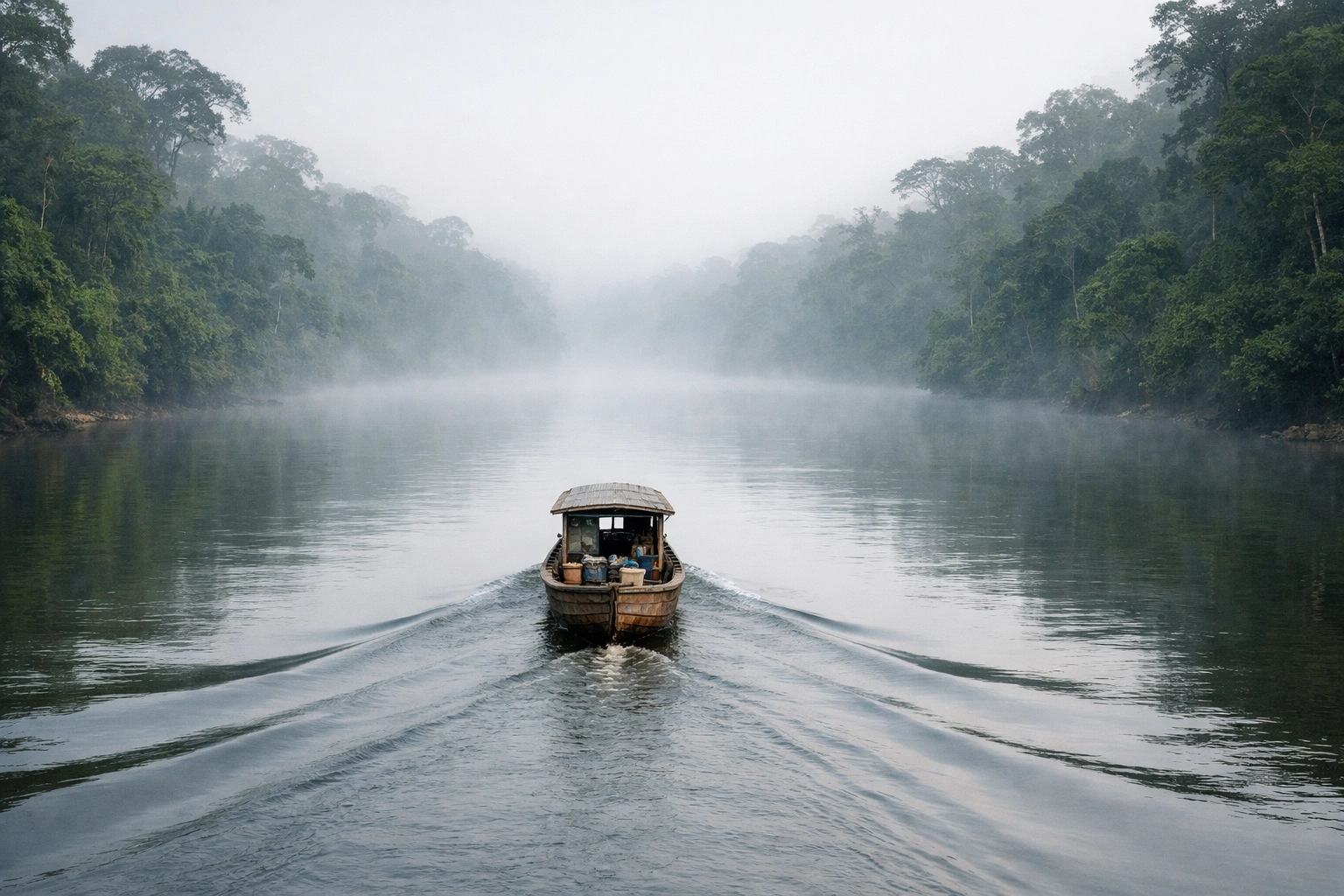 A mission boat navigating the Amazon jungle to support remote Christian revivals and baptisms.
