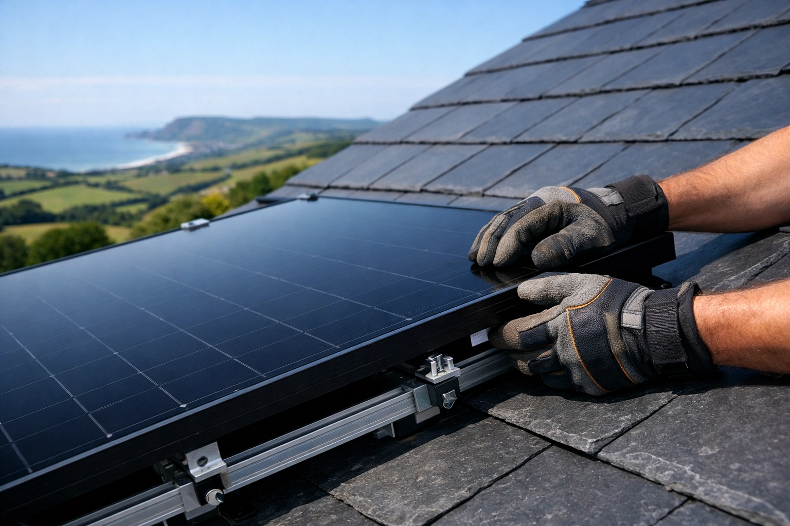 Professional solar panel installers in Dorset fitting sleek panels on a slate roof with robust mounting systems.