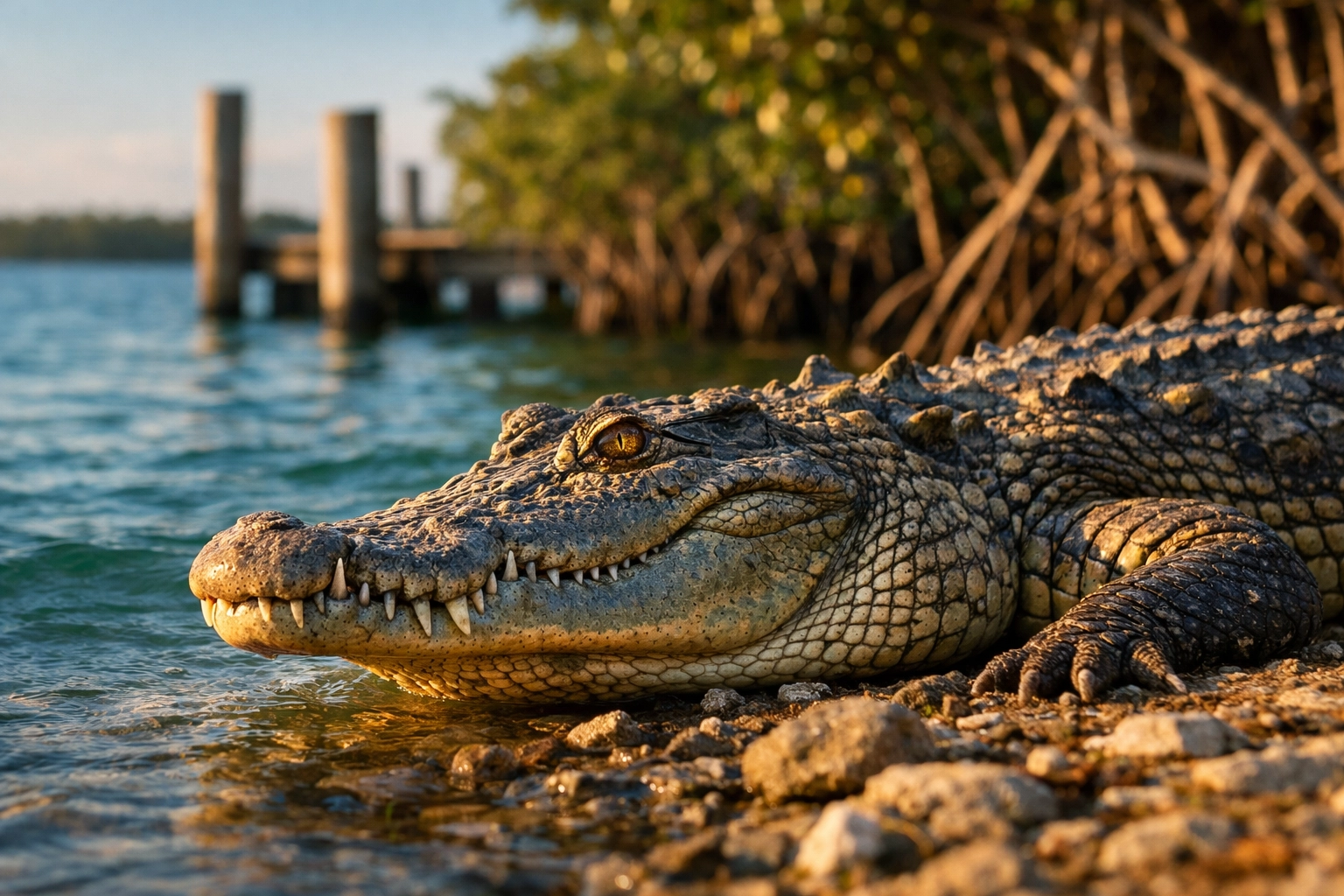 American crocodile basking at Flamingo marina, a prime spot for Everglades wildlife photography.