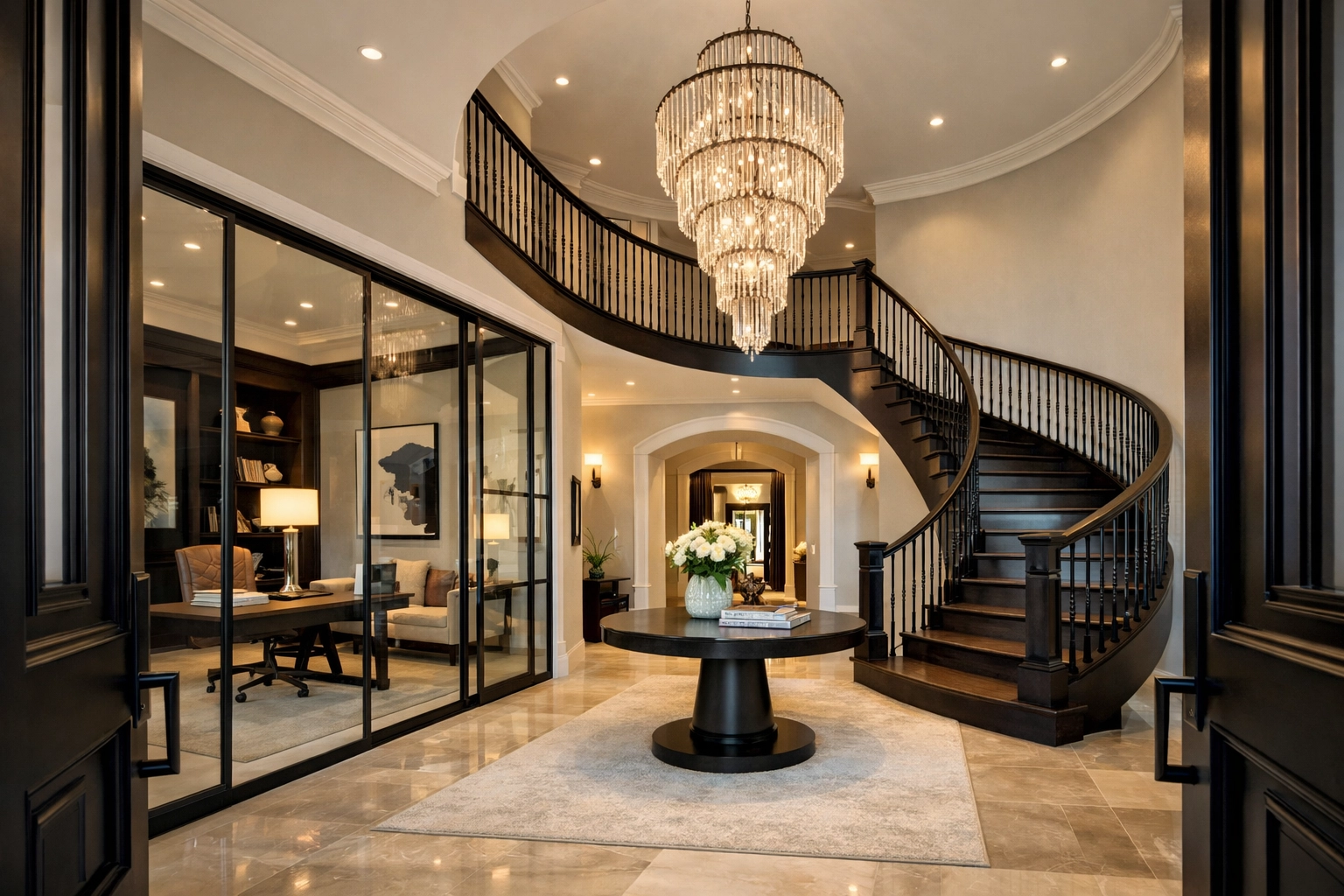 Luxury model home foyer in Waxhaw NC with a grand staircase and elegant interior design features.