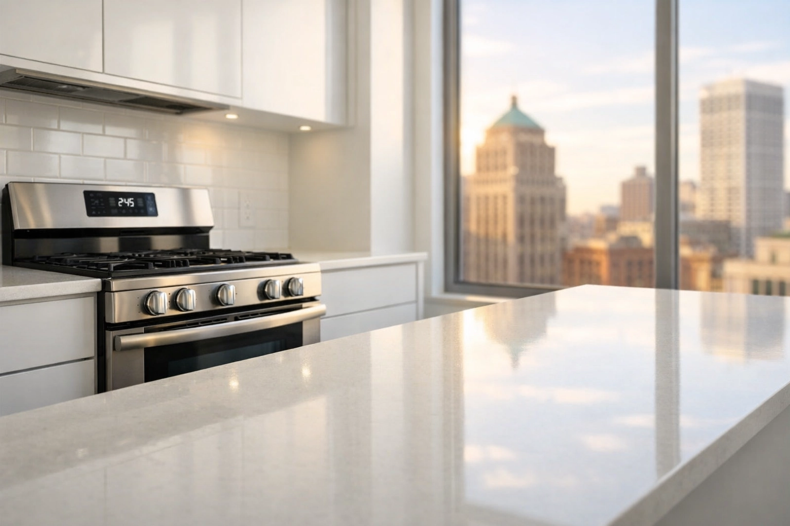 Deep cleaned kitchen in a Detroit high-rise apartment featuring spotless counters and appliances.