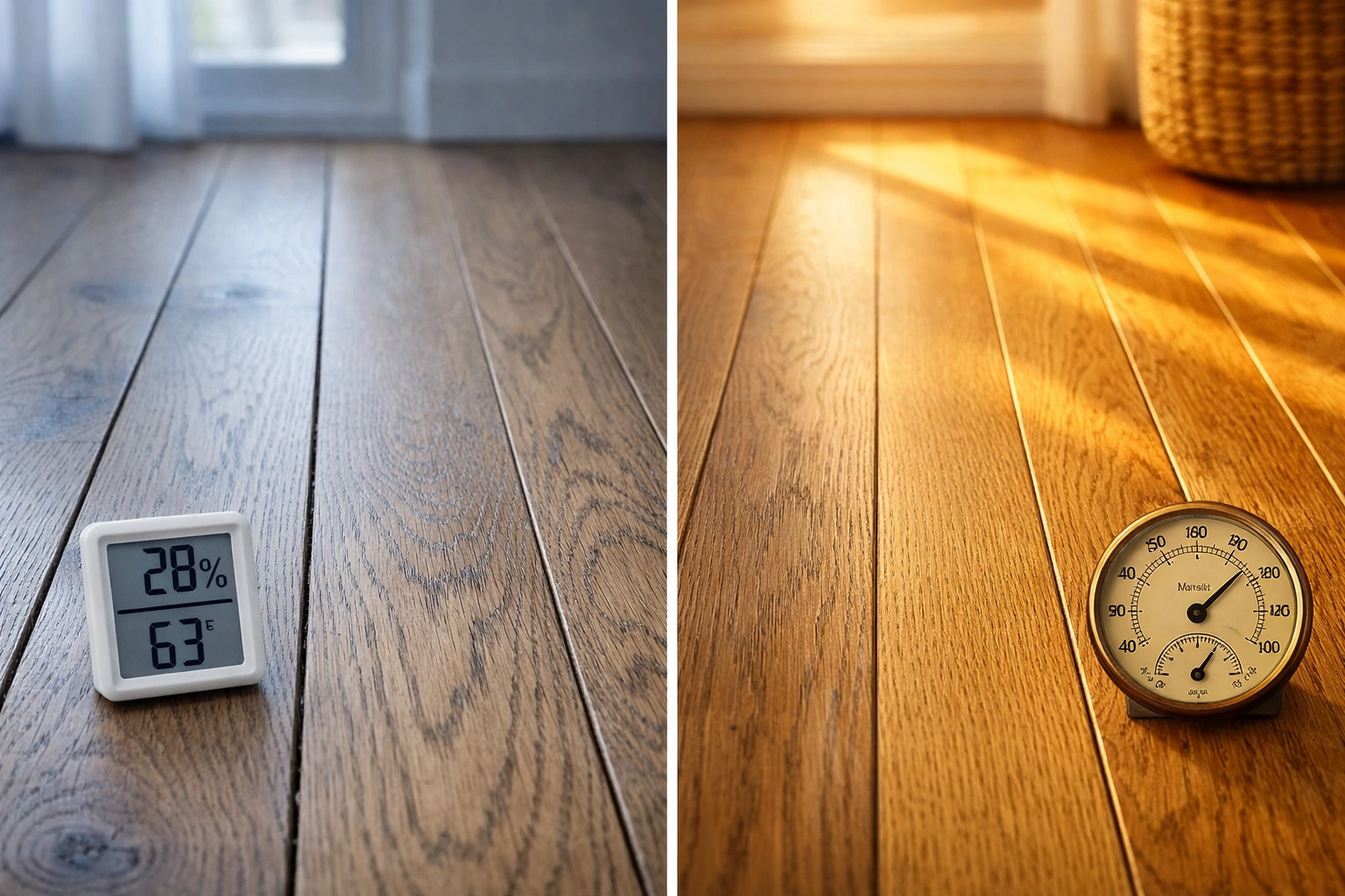 Wide plank hardwood floor expansion comparison between Chicago winter and summer conditions