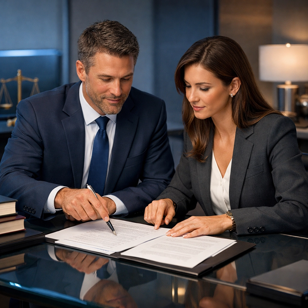 Divorce attorneys collaborating on complex family law case strategy