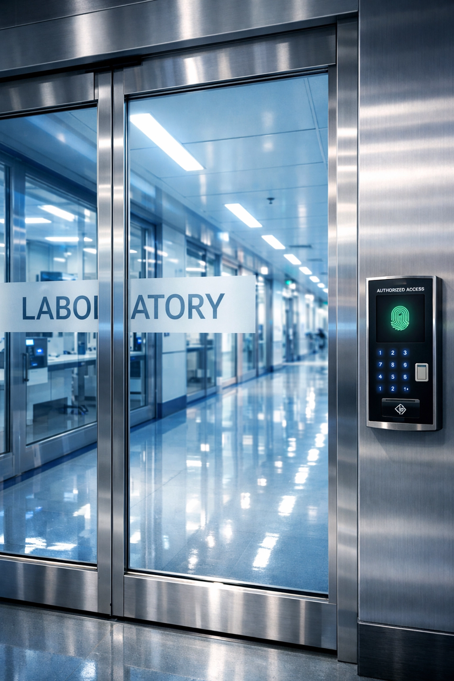Polished and secure research facility entrance corridor in Woburn showing elite cleanliness standards.