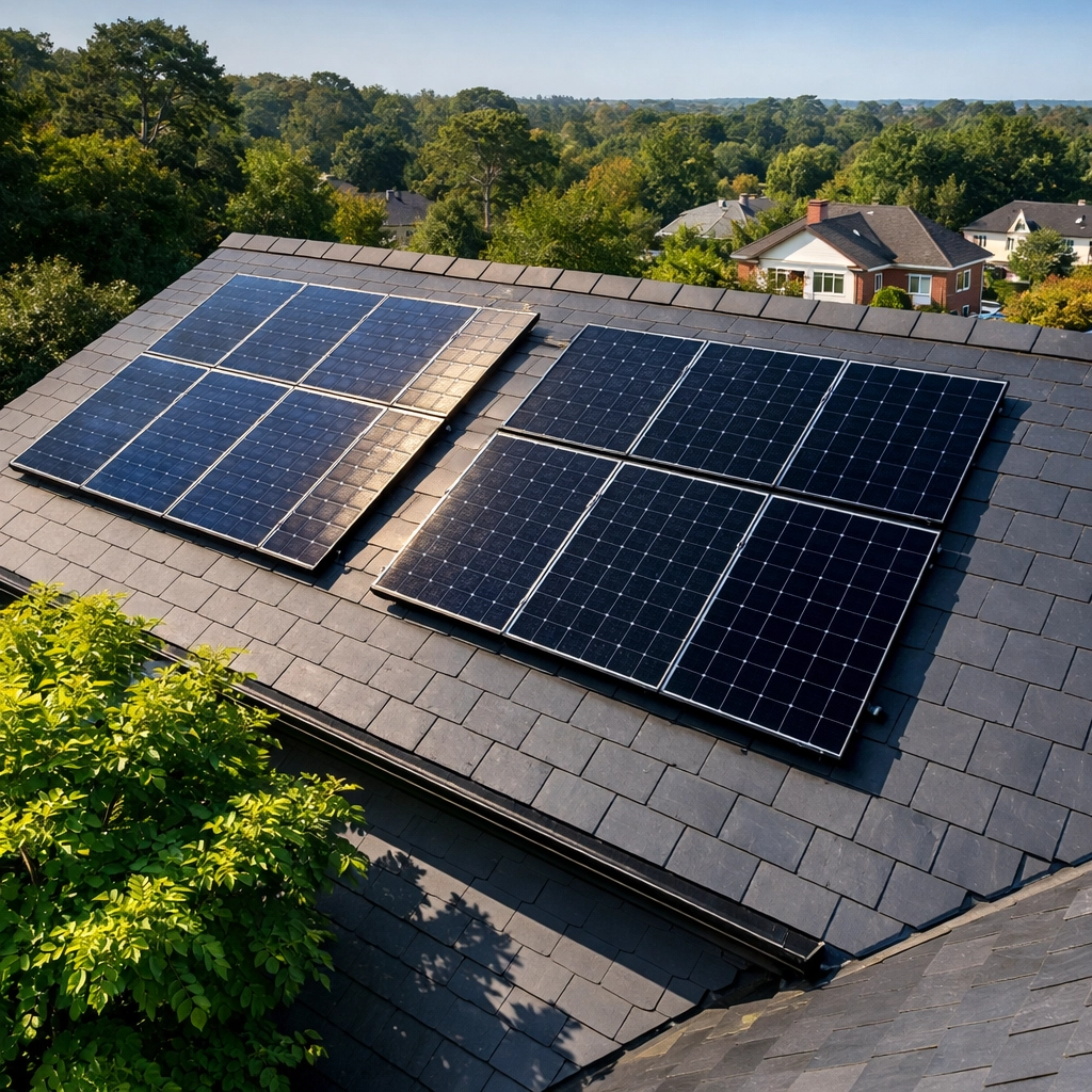Modern east-west solar panels installed on a residential roof in Bournemouth to maximize energy and avoid shading.