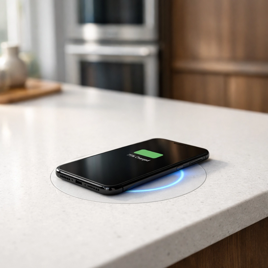 Hidden wireless charging station in modern Orlando kitchen island with quartz countertop