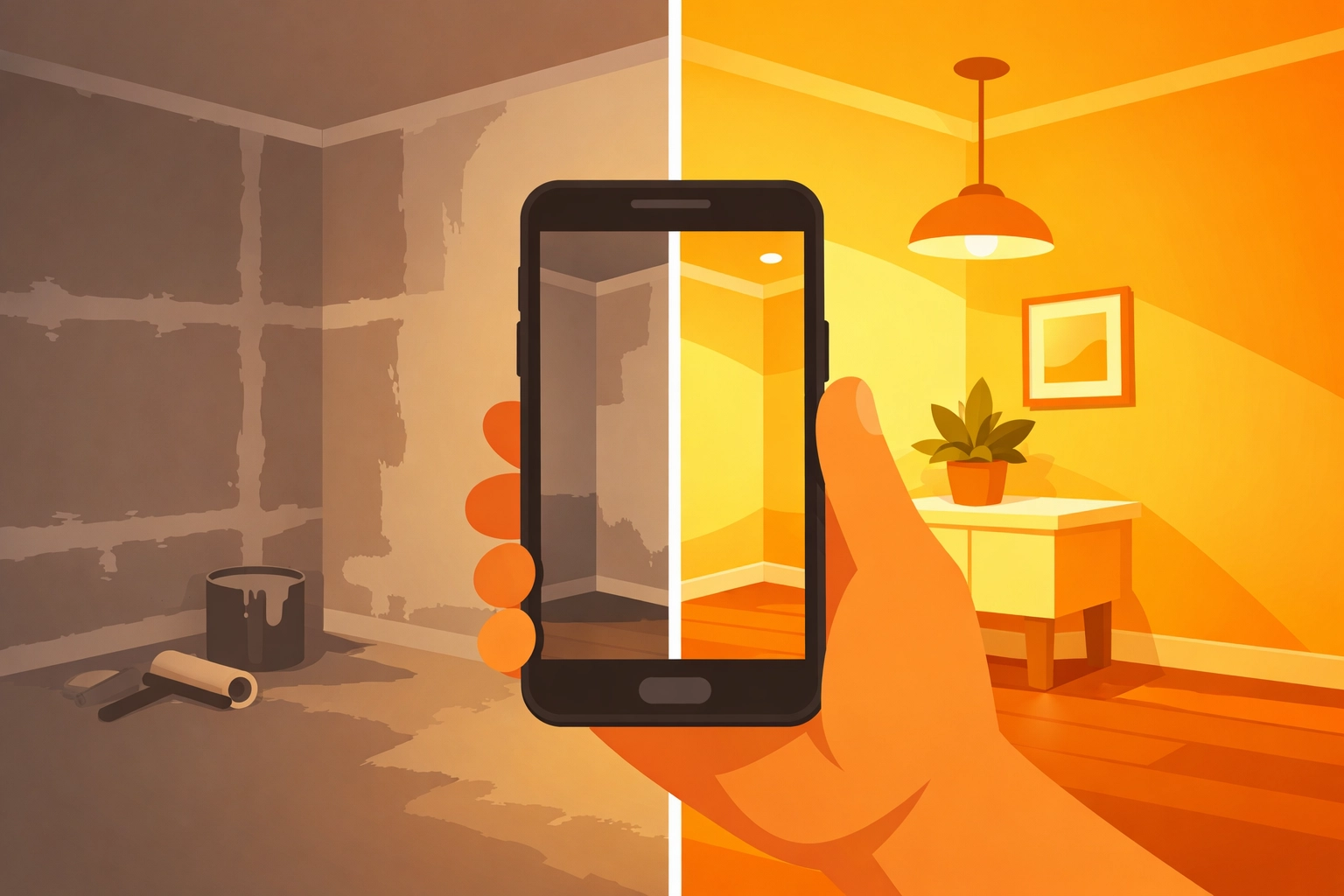 A split-screen before and after comparison of a home project shown on a mobile phone screen.