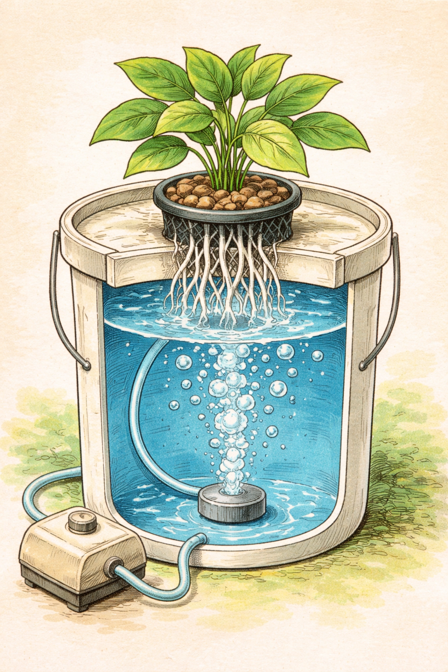 Cutaway view of a Deep Water Culture bucket with air stone bubbles, plant roots, and net cup, illustrating a complete home hydroponic setup.