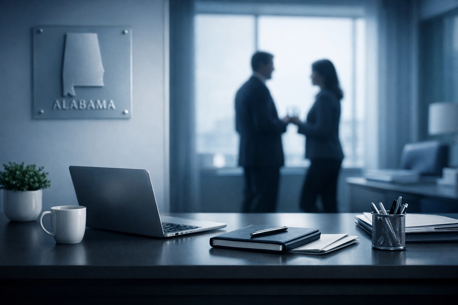 Employees in a modern Alabama office environment maintaining confidentiality during a business sale process.
