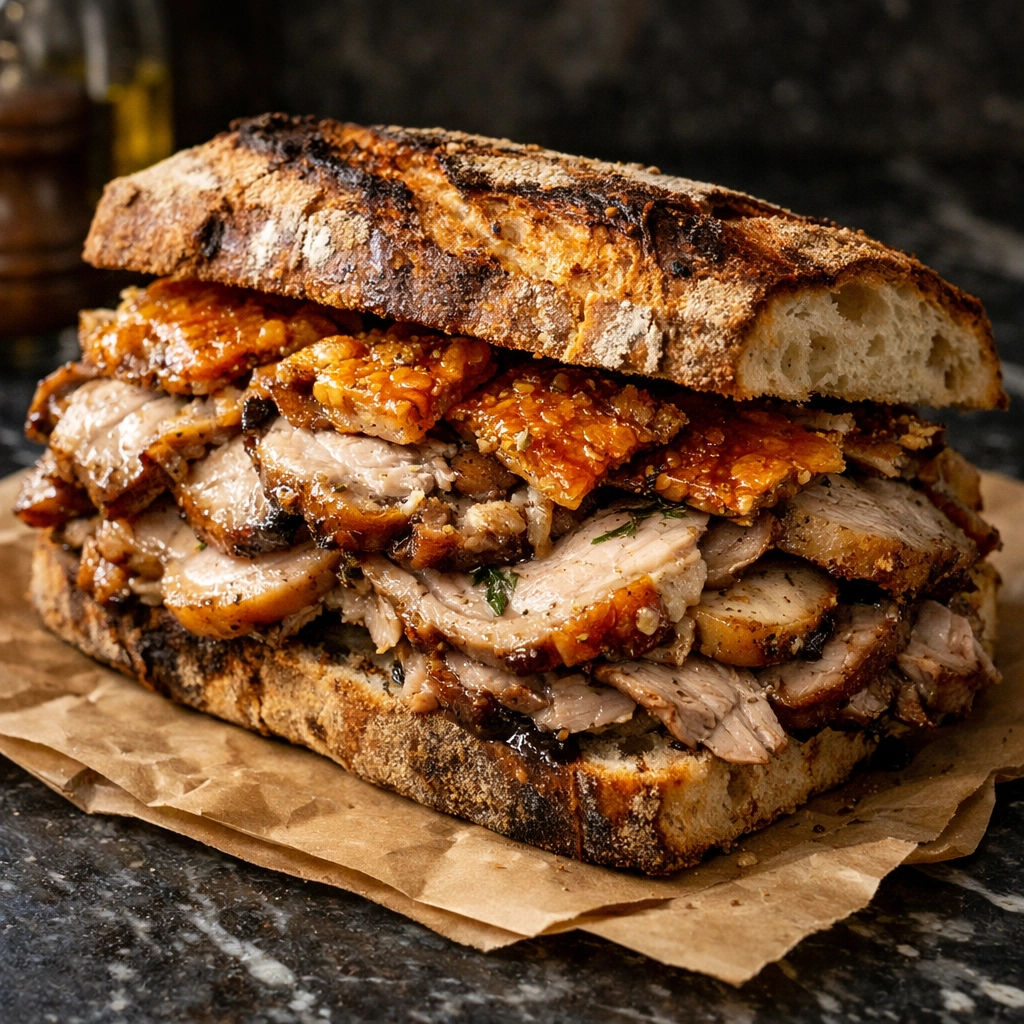 Traditional Roman porchetta sandwich on crusty bread, a hearty and affordable meal for travelers.
