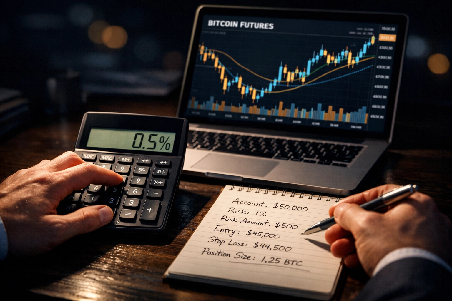 Trader calculating 0.5% risk per trade with Bitcoin futures charts and position sizing notes