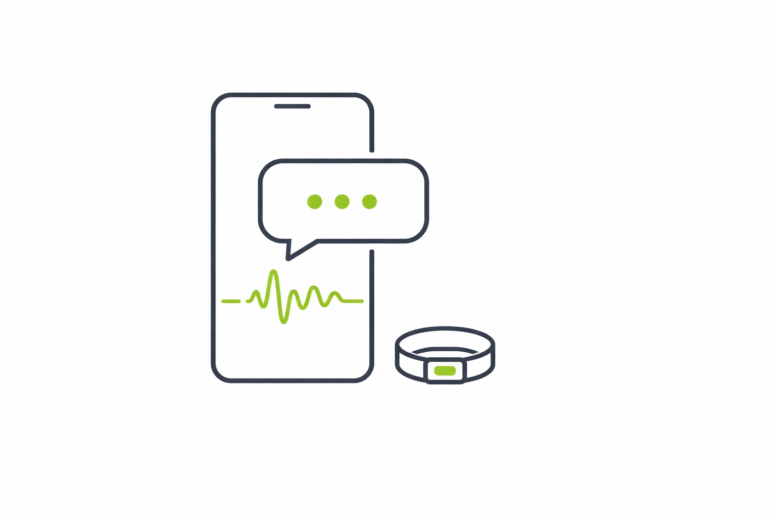Minimalist geometric line-art illustration showing AI-first conversational interface in consumer tech: smartphone with chat bubble, waveform, and wearable icon.
