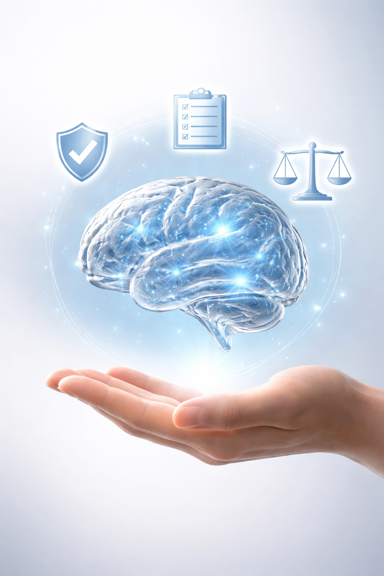 Transparent glass brain above a hand with icons symbolizing AI governance and responsibility for small businesses