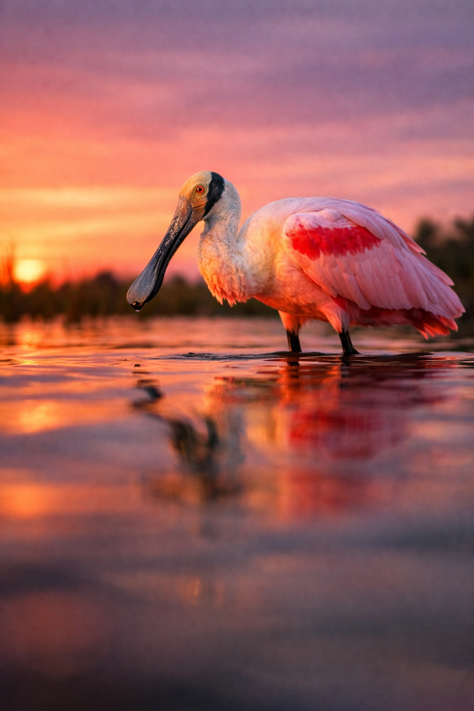 Roseate Spoonbill wading at sunset, a prime example of an environmental wildlife portrait in the Everglades.