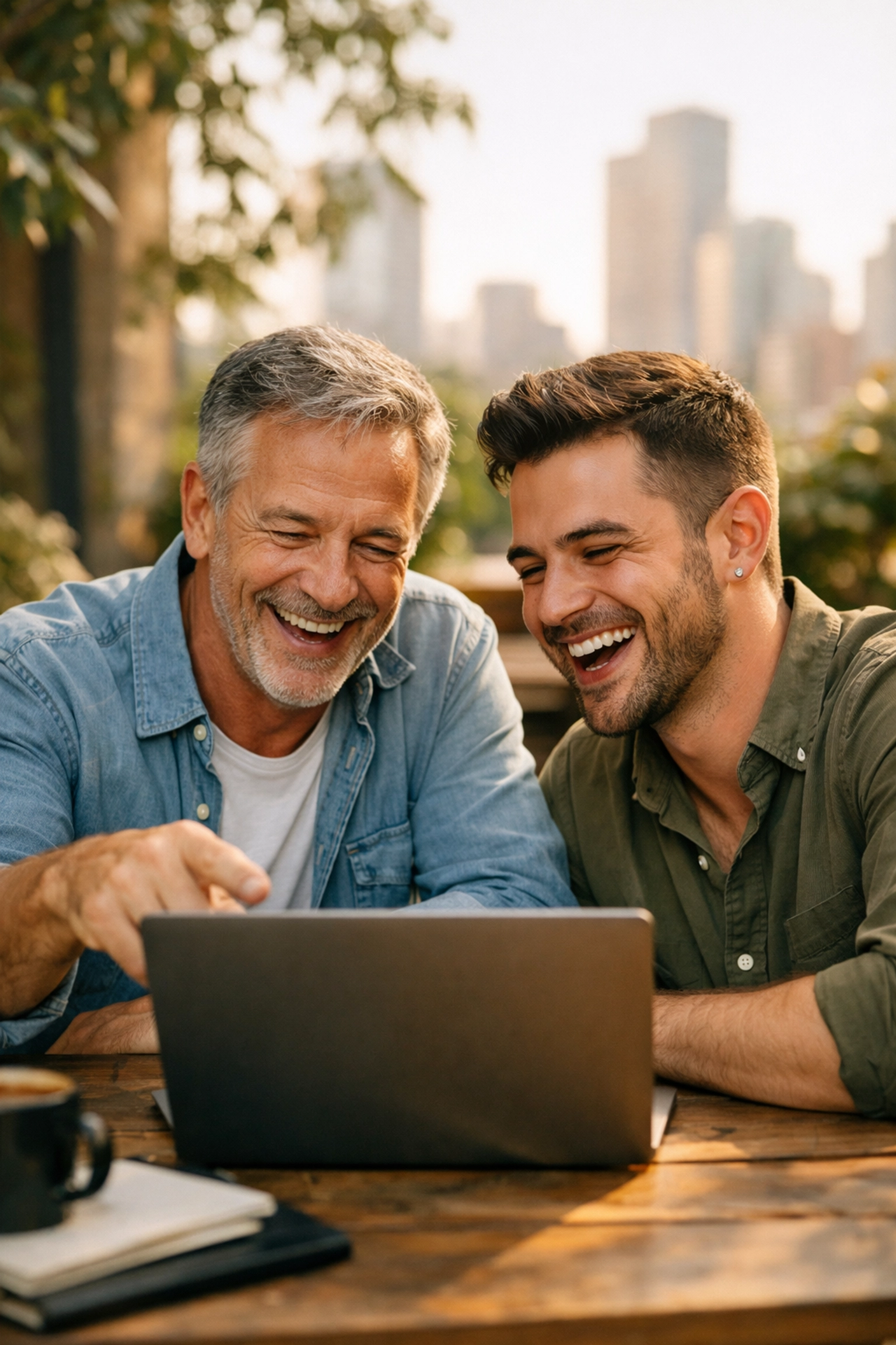 A young gay professional receiving career guidance from a queer mentor in an outdoor office space.