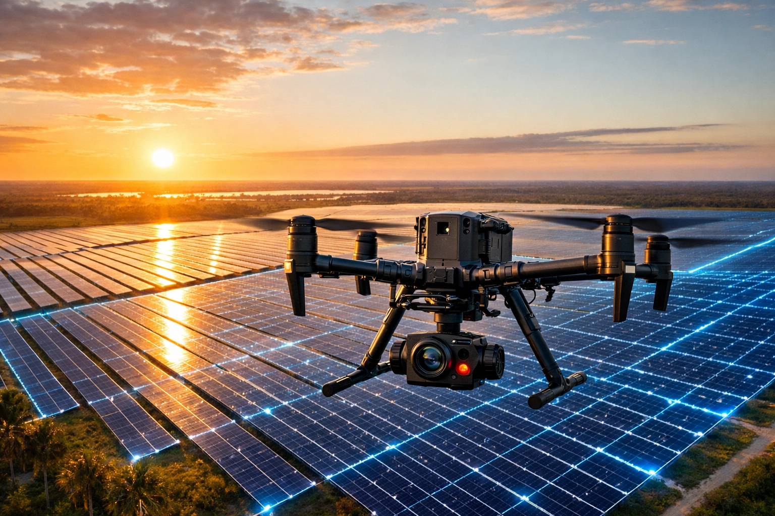 Enterprise drone conducting a high-resolution thermal mapping inspection of a Southwest Florida solar farm.