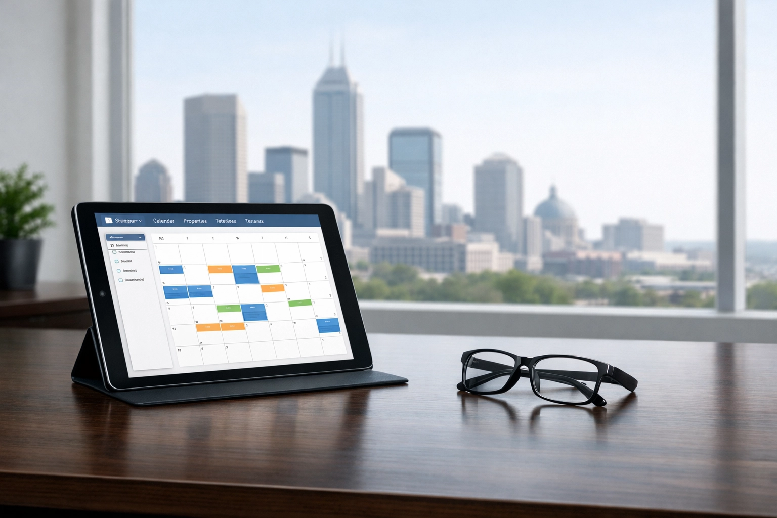 Professional desk setup with a Detroit skyline view representing efficient property management scheduling.