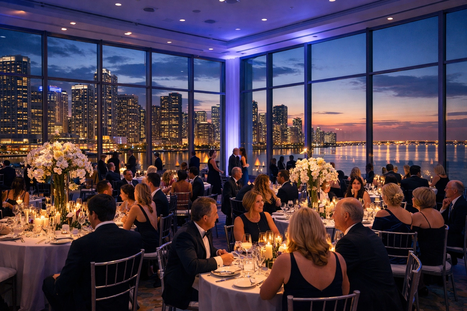 Corporate gala event photography in a Brickell Miami ballroom with skyline views